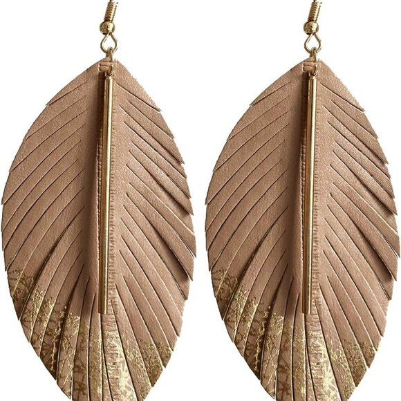 Handmade Bohemian Lightweight Soft Genuine Leather Feather Leaf Dangle Drop Earr - Picture 1 of 9